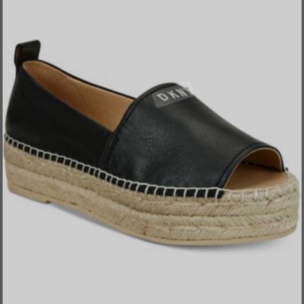 DKNY Black Leather Platform Espadrille Peep Toe 7.5